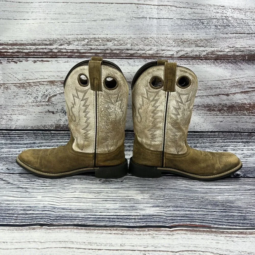 Smoky Mountain Boots Drifter  Brown & White Leather Square Toe Western, Youth 5